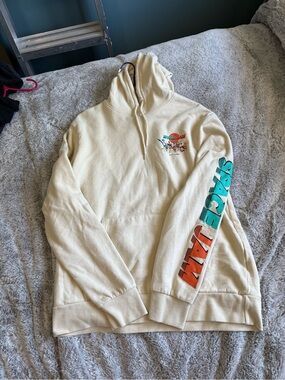 Cream Graphic Scoop-Neck Pullover Sweatshirt with Teal & Orange Sleeve Print